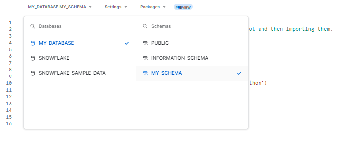 Selecting a database and schema - snowflake python