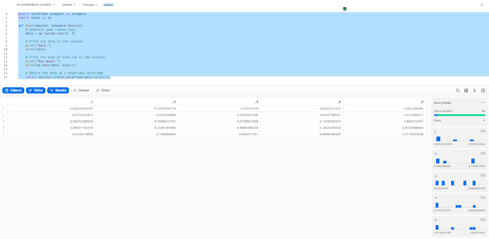 Code generates random data, calculates row means, and returns the data as a Snowflake DataFrame - snowflake python