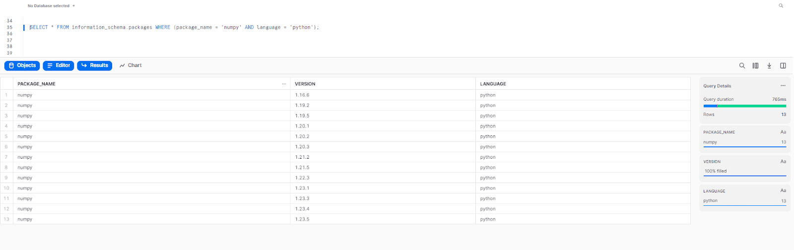 Query shows Python package "numpy" details - snowflake python