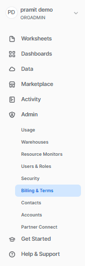 Admin section and Billing & Terms dropdown - snowflake python