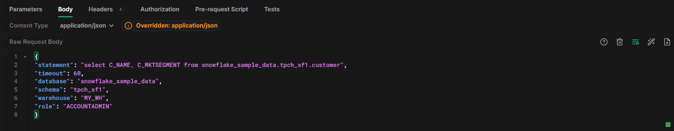 Submitting SQL command request to fetch data from Snowflake - Snowflake api - Hoppscotch - Snowflake SQL api