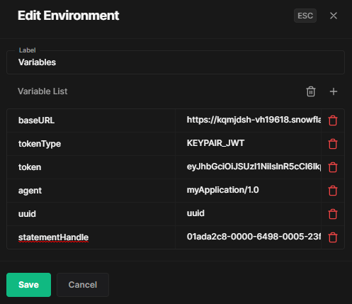 Selecting variables to update in Hoppscotch for Snowflake API testing - Snowflake sql API - Hoppscotch