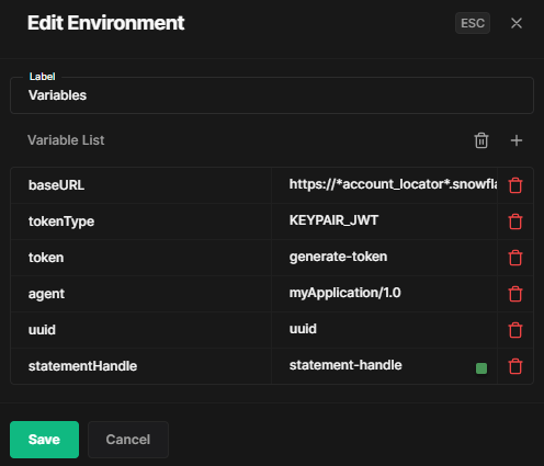 Editing the environment in Hoppscotch - Snowflake API