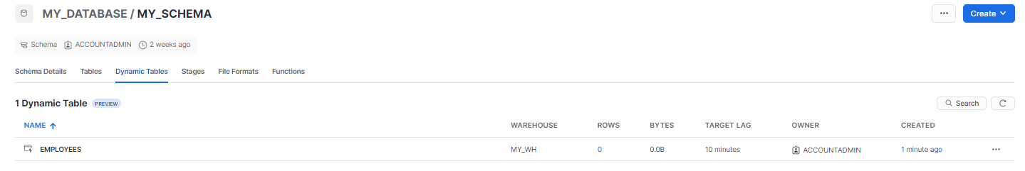 Selecting the dynamic tables tab on the Schema page - Snowflake dynamic tables