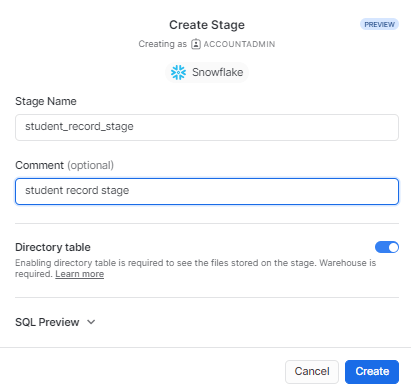 Entering a descriptive Stage Name - upload CSV to snowflake