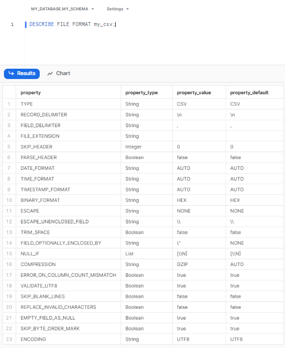 Displaying file format properties - snowflake file formats