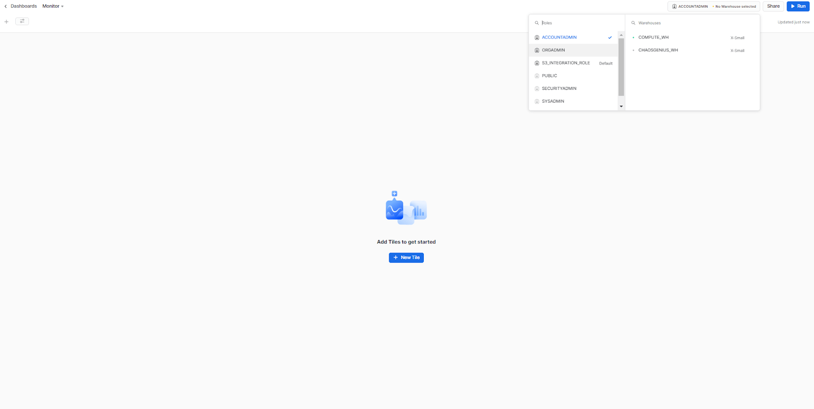 Selecting warehouse to run dashboard - Snowflake monitoring