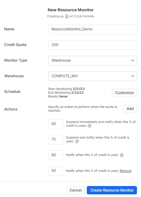 New Resource Monitor configuration - Snowflake monitoring