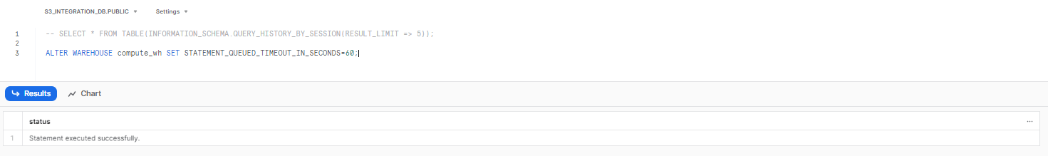 Setting queued statement timeout to 60 seconds for Warehouse - snowflake performance tuning