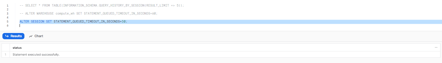 Setting queued statement timeout to 30 seconds for the current session - snowflake performance tuning