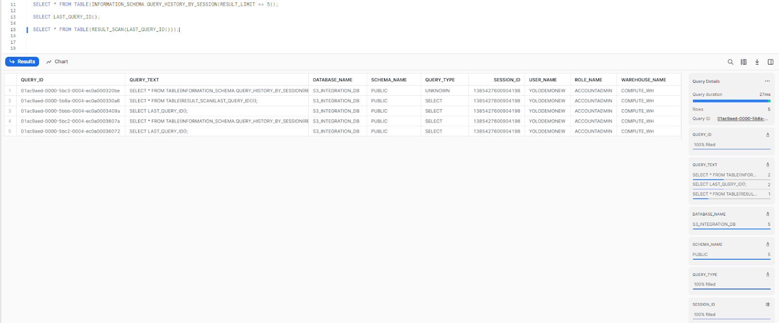 Retrieving results of the last executed query - snowflake performance tuning