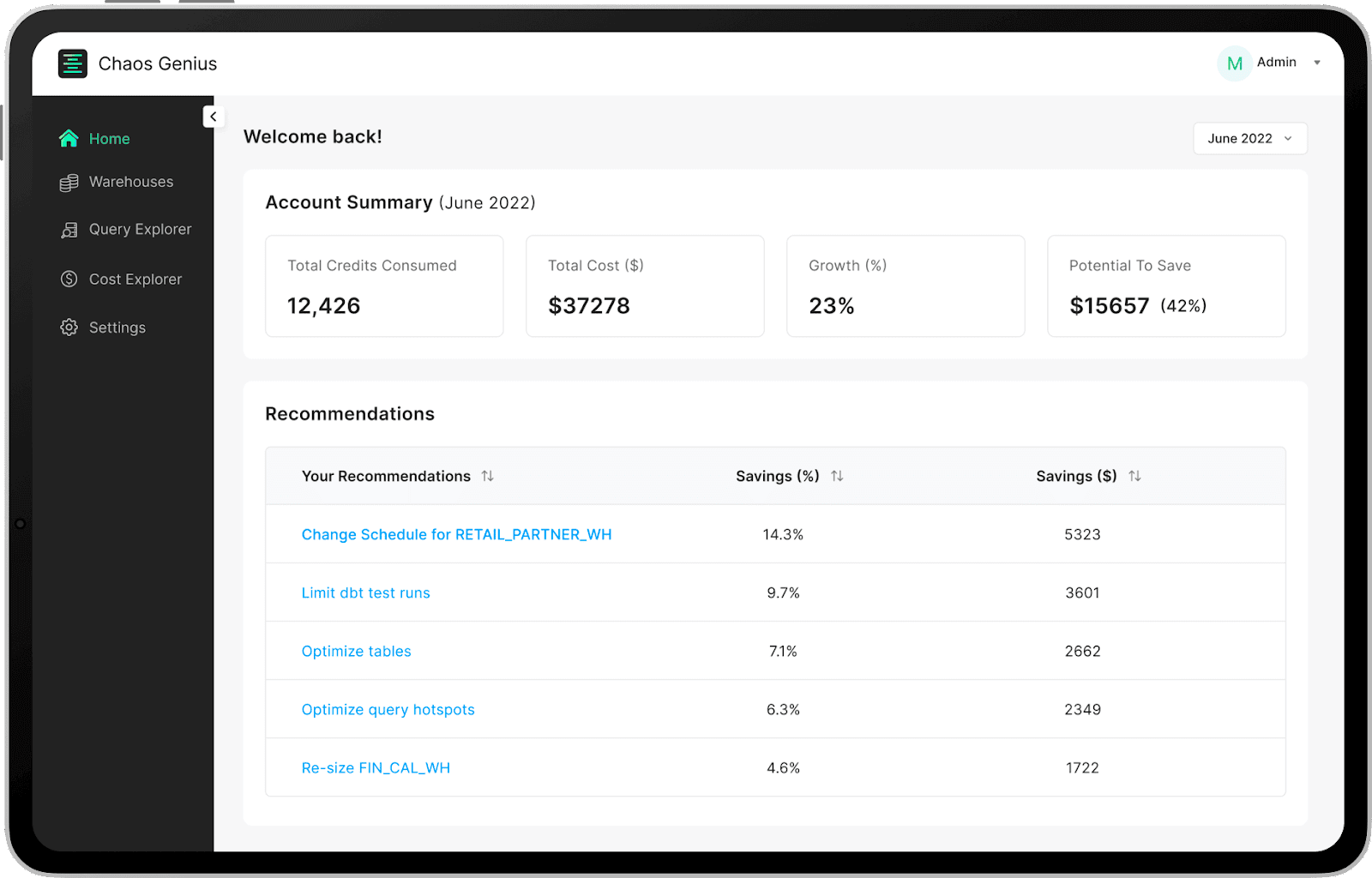 Chaos Genius Dashboard - Snowflake tools