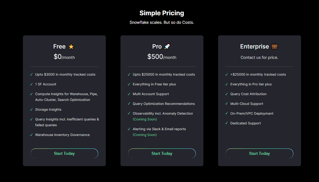 Chaos Genius Pricing - Snowflake tools - Snowflake Observability - snowflake monitoring tools