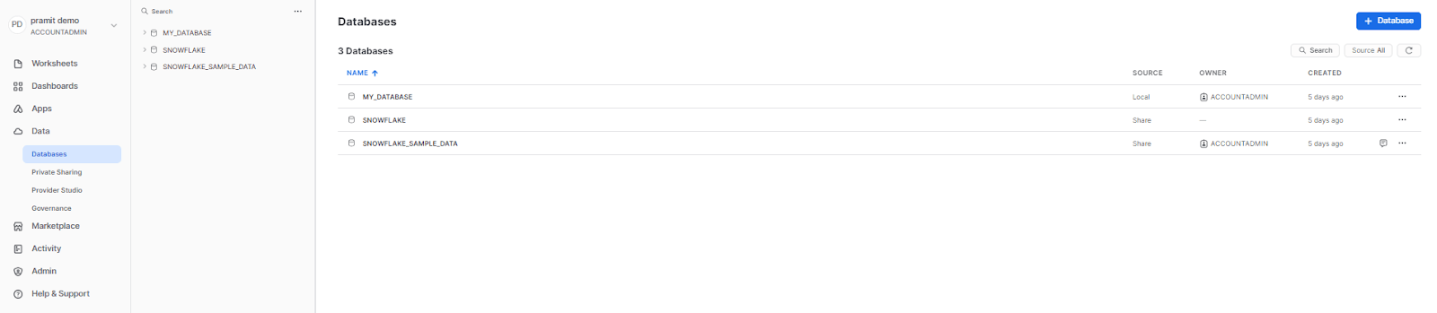 Selecting 'Data' -> 'Databases' to access desired database - upload CSV to snowflake - Snowflake upload csv