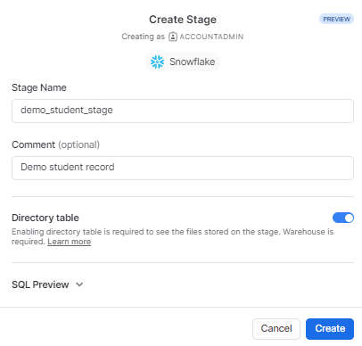 Entering a descriptive Stage Name - upload CSV to Snowflake
