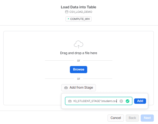 Adding stage path to load data - upload CSV to Snowflake