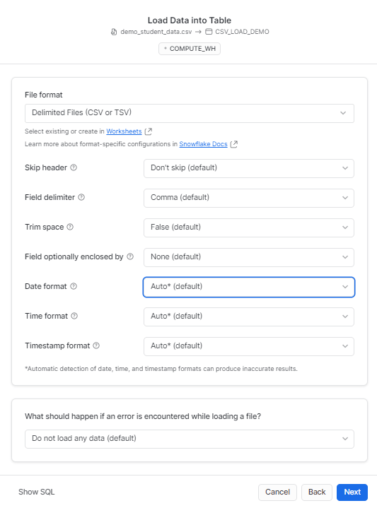 Choosing file format: pre-defined or customize settings - upload CSV to Snowflake