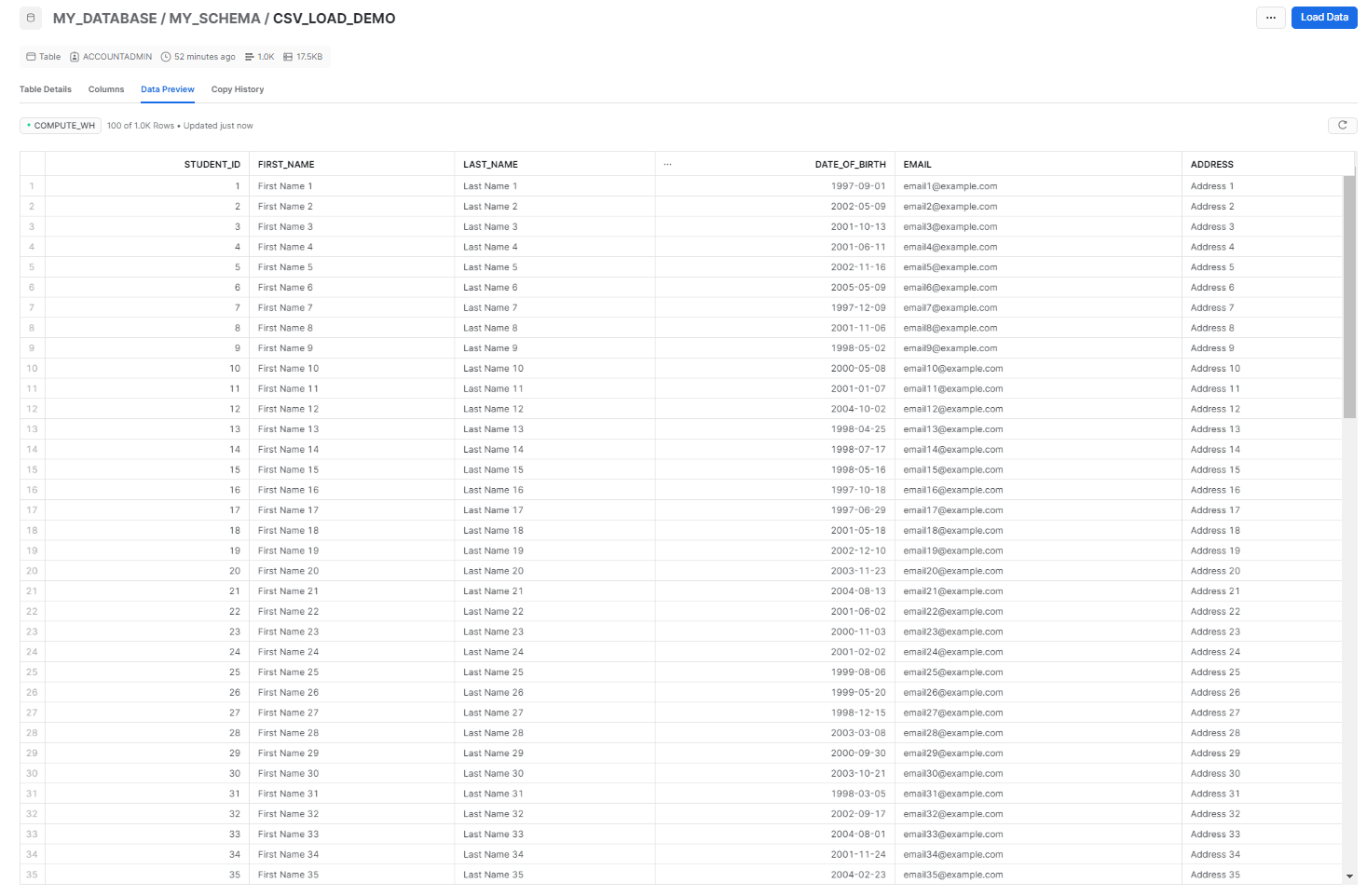 Table successfully loaded with data - upload CSV to Snowflake