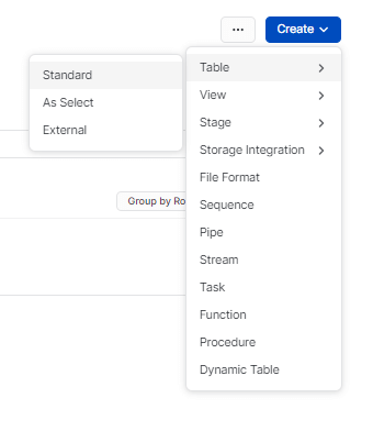 creating a new Standard table using interface - upload CSV to Snowflake