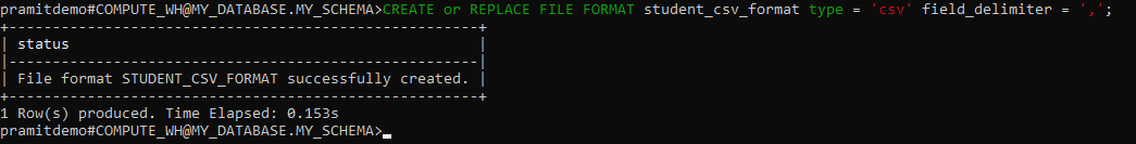 creating CSV file format 'student_csv_format' - upload CSV to Snowflake
