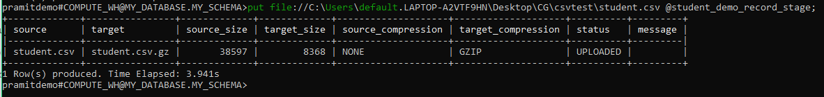 Uploading CSV to Snowflake stage using PUT command - upload CSV to Snowflake