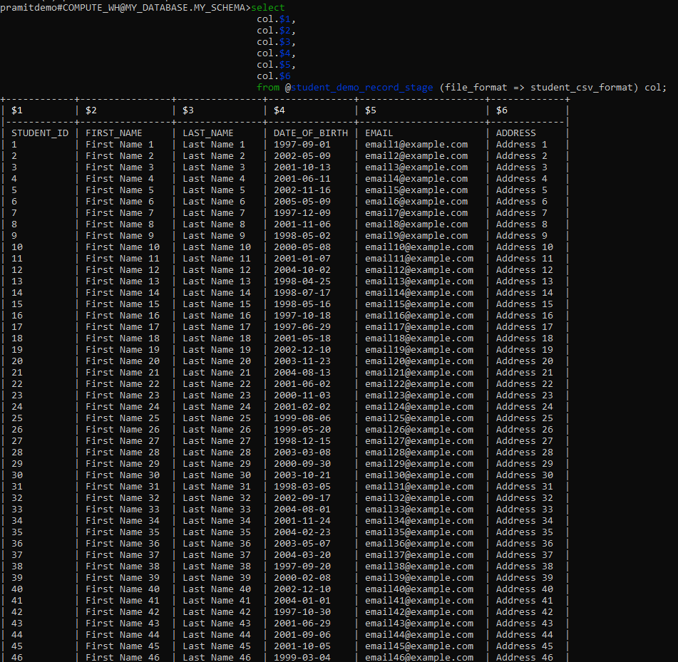 verifying stage data population - upload CSV to Snowflake