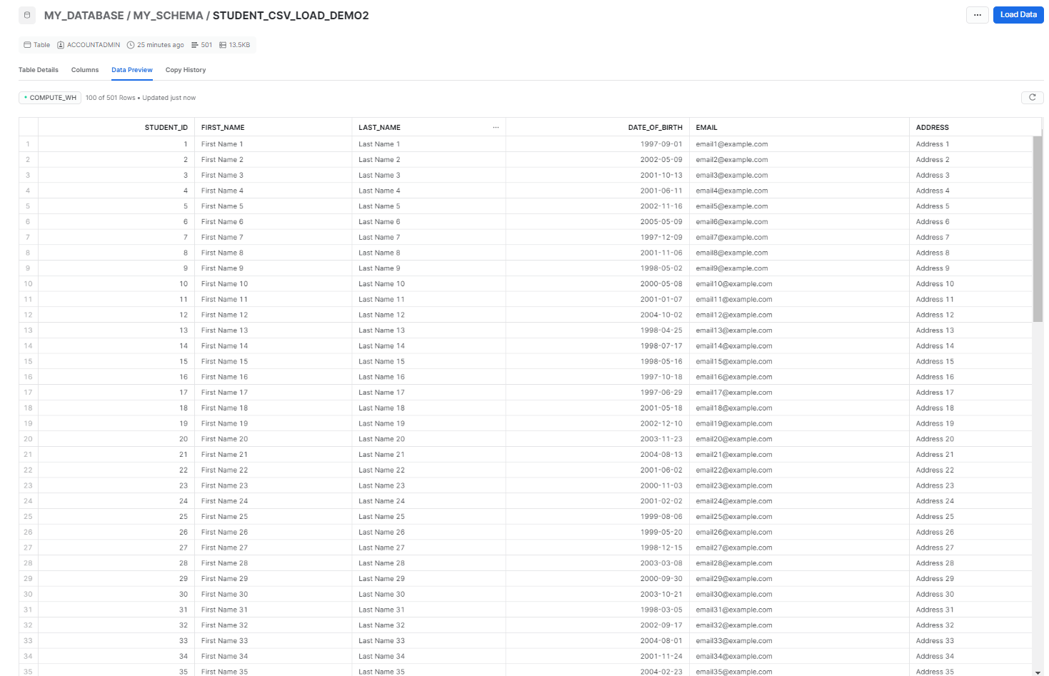 Table successfully loaded with data - upload CSV to Snowflake