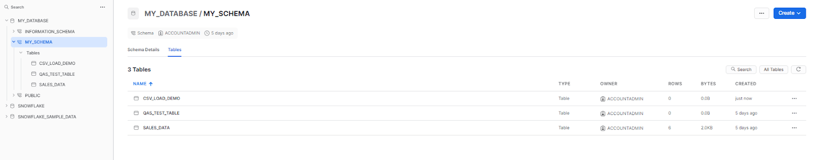 Selecting the table to load the data - upload CSV to Snowflake