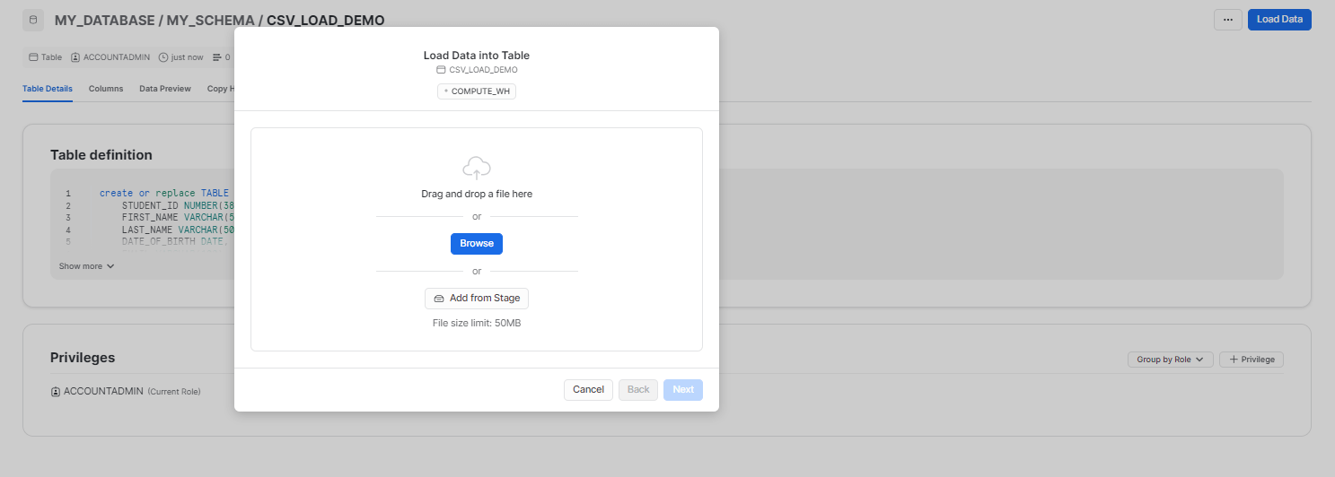 Click 'Load Data' to initiate data loading process - upload CSV to Snowflake