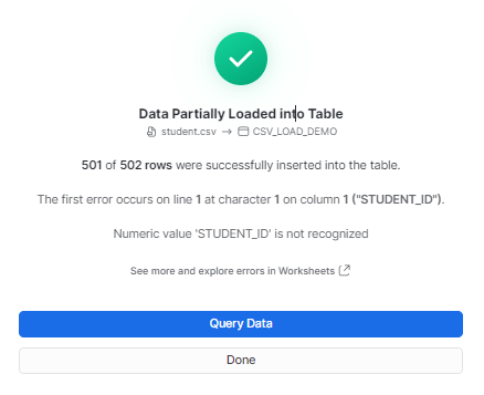 Data loaded to the table - upload CSV to Snowflake