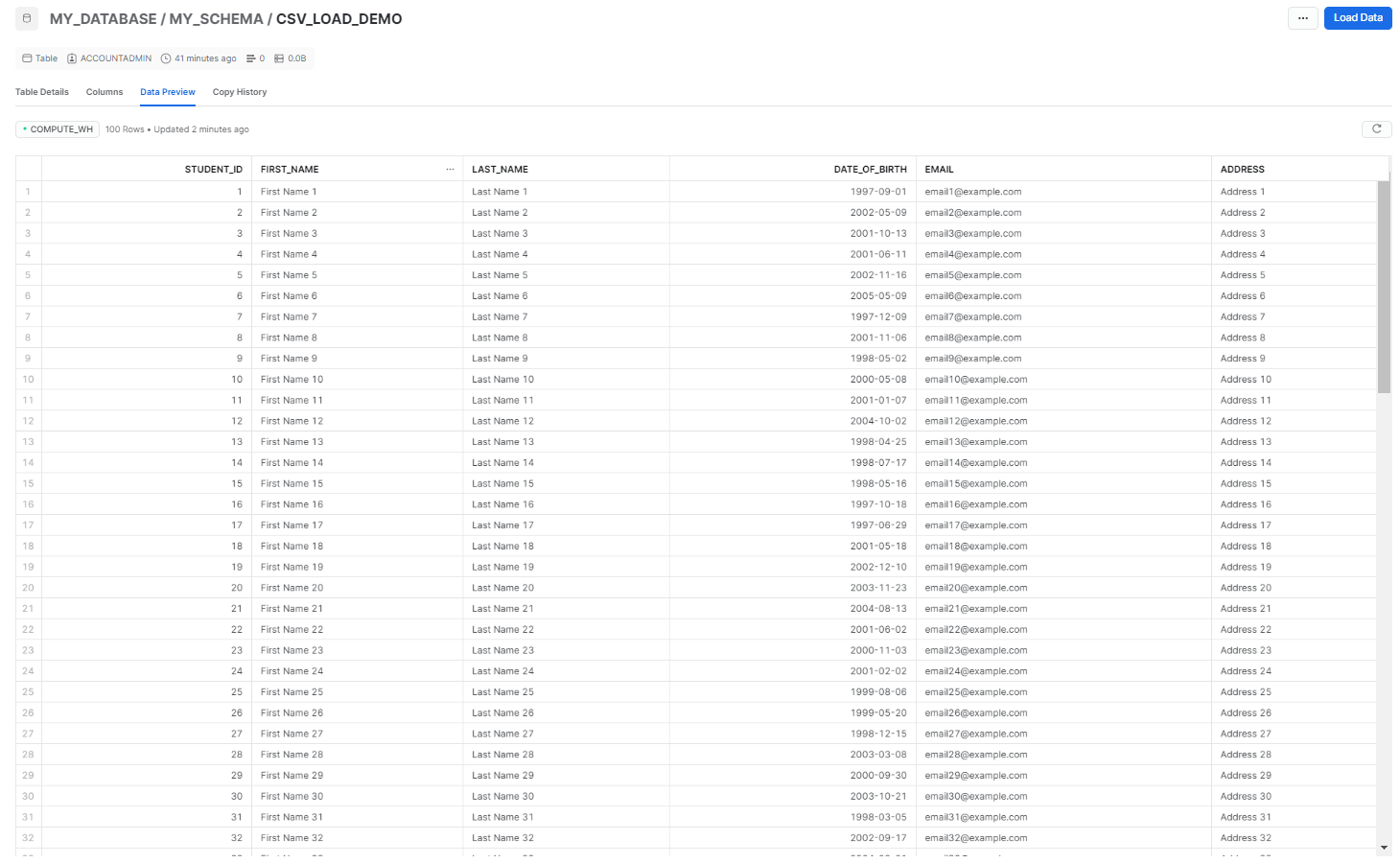 Table successfully loaded with data - upload CSV to Snowflake