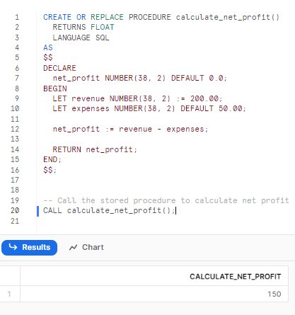 Creating and executing Snowflake stored procedure to calculate net profit - snowflake scripting - snowflake variables - stored procedures in snowflake - snowflake stored procedure examples - snowflake javascript