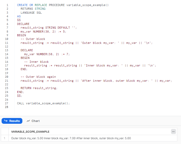 Creating and executing Snowflake stored procedure demonstrating variable scope - snowflake scripting - snowflake variables - stored procedures in snowflake - snowflake stored procedure examples - snowflake javascript