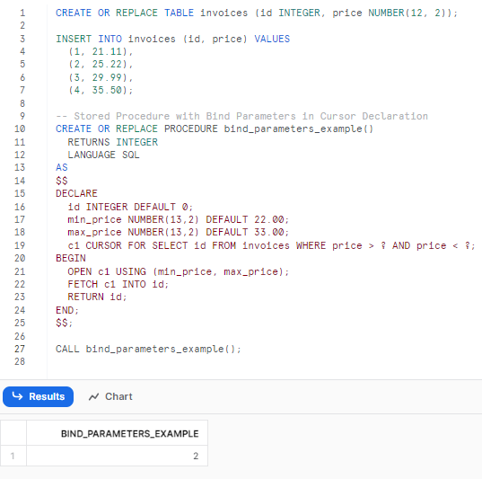 Creating 'invoices' table, inserting data, and executing Snowflake stored procedure with bind parameters - snowflake scripting - snowflake variables - stored procedures in snowflake - snowflake stored procedure examples - snowflake javascript