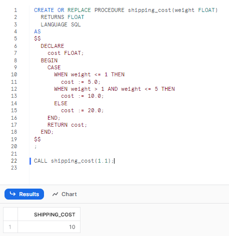 Creating Snowflake stored procedure in Snowflake to calculate shipping cost based on weight and then calling it - snowflake scripting - snowflake variables - stored procedures in snowflake - snowflake stored procedure examples - snowflake javascript