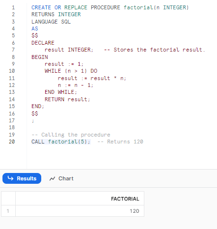 Creating Snowflake stored procedure in Snowflake to calculate factorial of a number - snowflake scripting - snowflake variables - stored procedures in snowflake - snowflake stored procedure examples - snowflake javascript