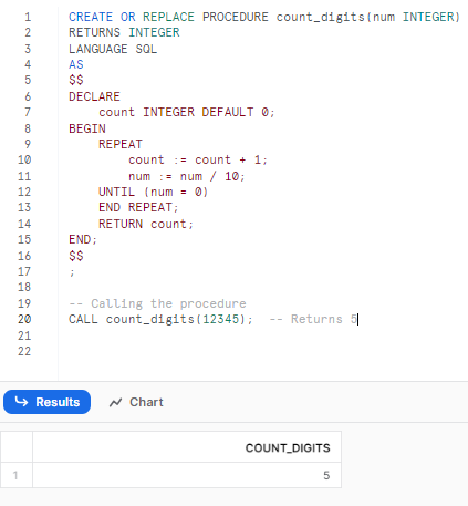 Creating Snowflake stored procedure to count the number of digits in an integer - snowflake scripting - snowflake variables - stored procedures in snowflake - snowflake stored procedure examples - snowflake javascript