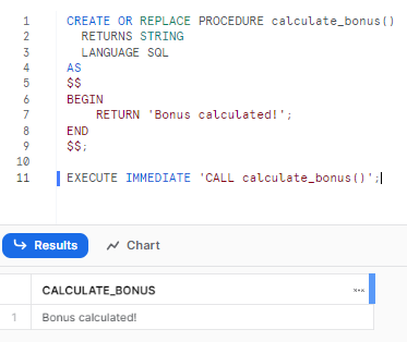 Executing dynamic SQL to call the 'calculate_bonus' Snowflake stored procedure - snowflake scripting - snowflake variables - stored procedures in snowflake - snowflake stored procedure examples - snowflake javascript