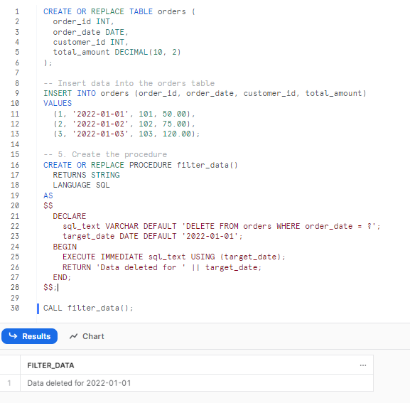 Creating Snowflake stored procedure to filter and delete data based on a target date - snowflake scripting - snowflake variables - stored procedures in snowflake - snowflake stored procedure examples - snowflake javascript