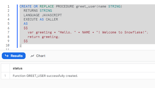 Creating JavaScript Snowflake stored procedure in Snowflake returning a greeting - snowflake scripting - snowflake variables - stored procedures in snowflake - snowflake stored procedure examples - snowflake javascript