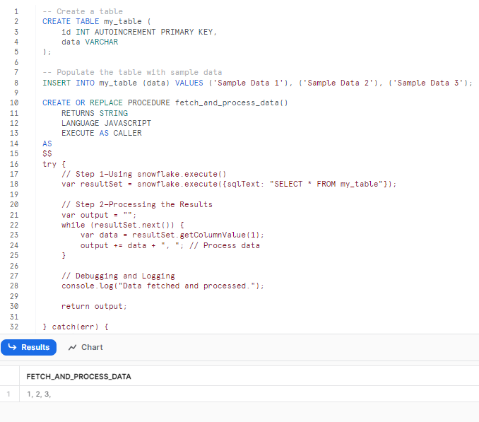 Creating table, inserting data, and executing JavaScript Snowflake stored procedure in Snowflake to fetch and process data - snowflake scripting - snowflake variables - stored procedures in snowflake - snowflake stored procedure examples - snowflake javascript