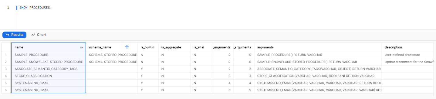 Displaying list of Snowflake stored procedure - snowflake scripting - snowflake variables - stored procedures in Snowflake - snowflake stored procedure examples - snowflake javascript