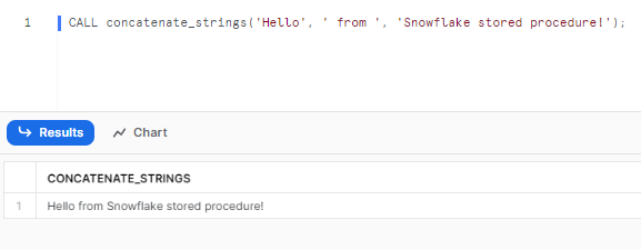 Calling Snowflake stored procedure to concatenate provided strings - snowflake scripting - snowflake variables - stored procedures in snowflake - snowflake stored procedure examples - snowflake javascript