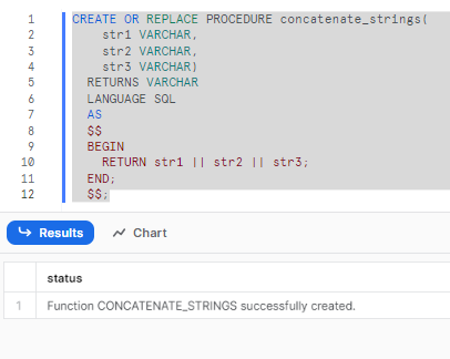 Creating Snowflake stored procedure to concatenate three strings - snowflake scripting - snowflake variables - stored procedures in snowflake - snowflake stored procedure examples - snowflake javascript