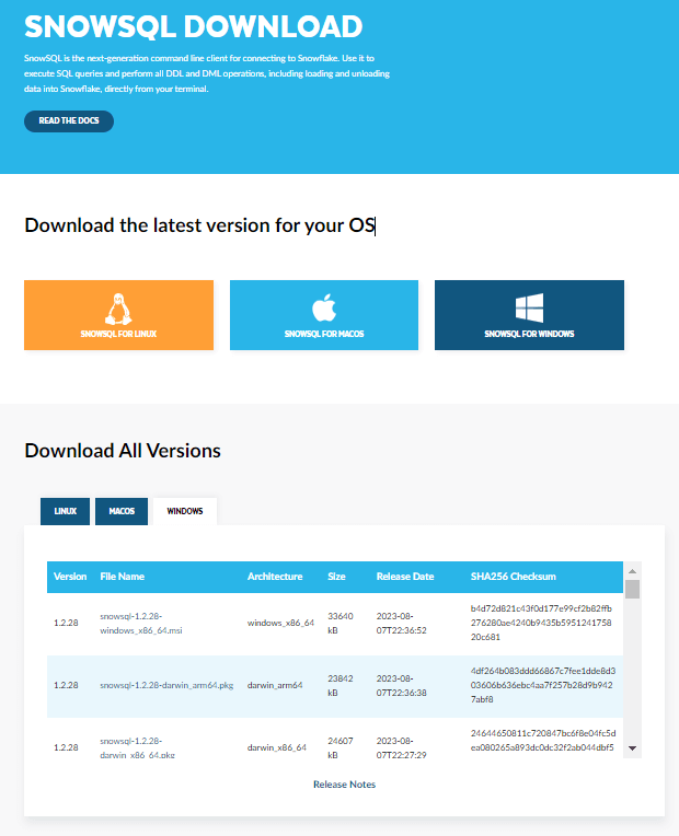 SnowSQL download page with latest version - SnowSQL