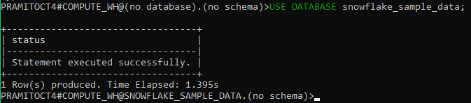 Selecting 'snowflake_sample_data' db in SnowSQL