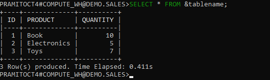 Referencing variables in queries - SnowSQL