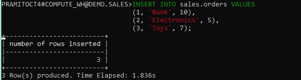 Inserting data into the 'orders' table in the 'sales' schema in SnowSQL with some values - SnowSQL