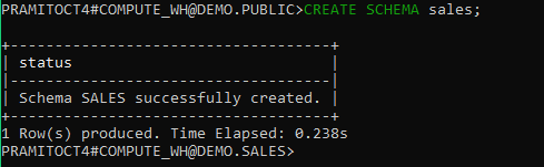 Creating the 'sales' schema in SnowSQL - SnowSQL