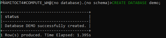 creating a new database 'demo' - SnowSQL